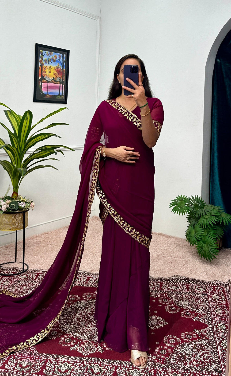 Women Stitched Georgette Saree Embroidery Work Ready to Wear Pleated S