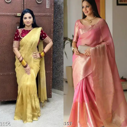Women's solid Banarasi Tissue Saree with Running Blouse