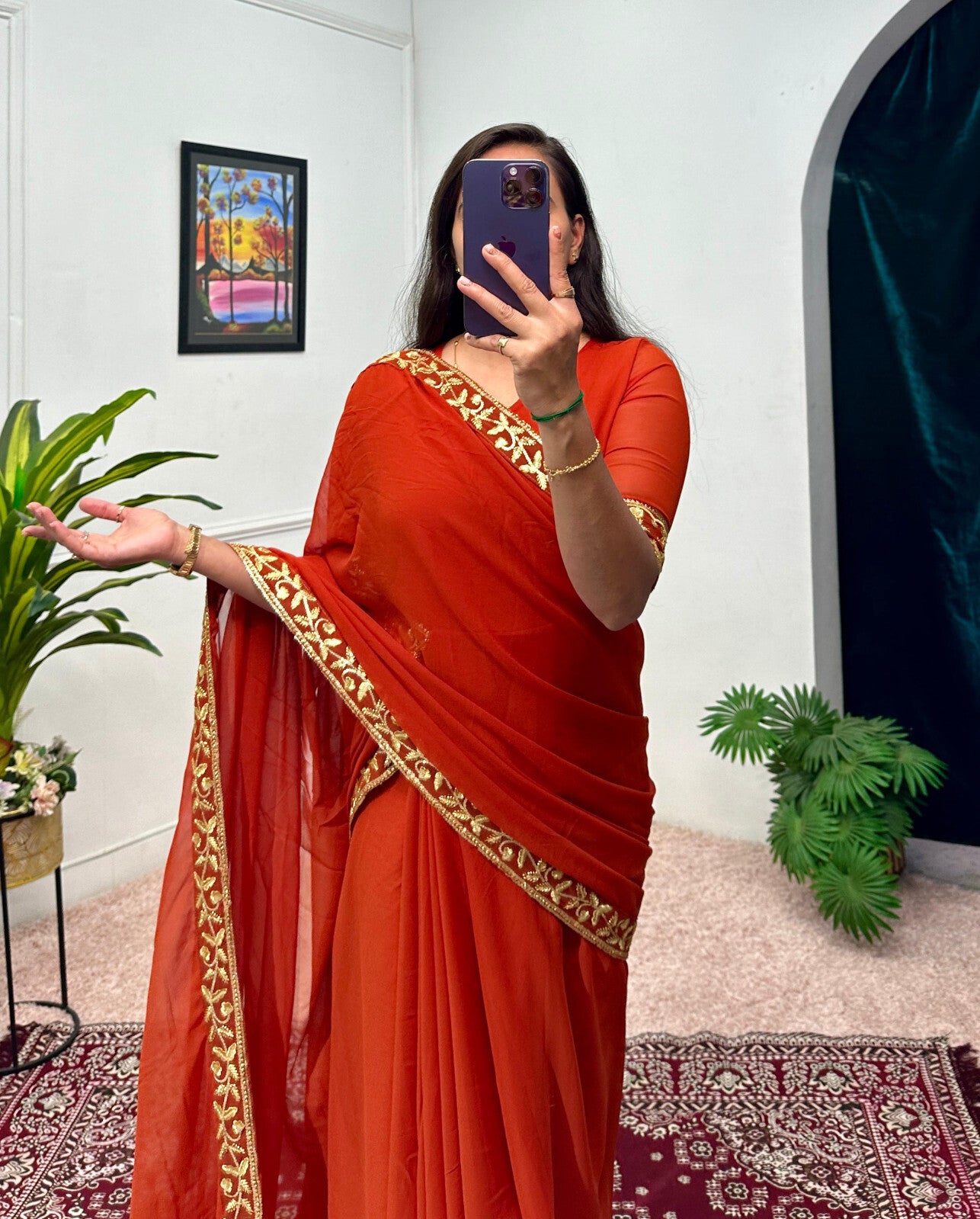 Women Stitched Georgette Saree Embroidery Work Ready to Wear Pleated S