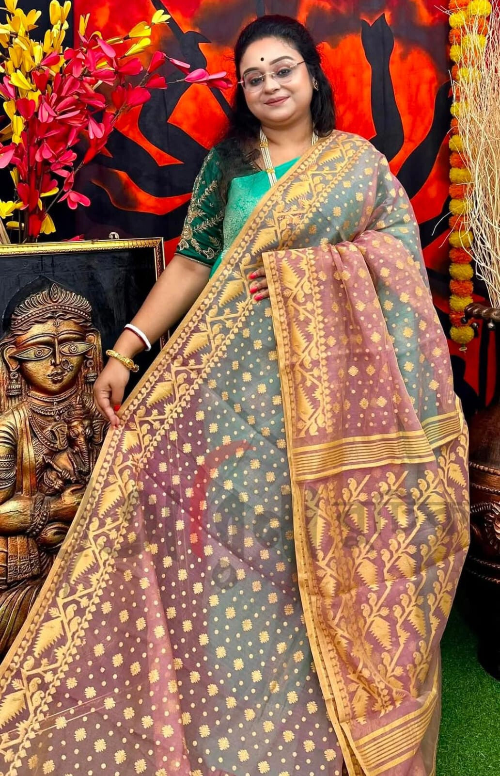 Indian Traditional Hand Made Dhakai Jamdani Saree Feastive Wear Sari F