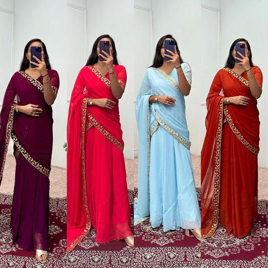 Women Stitched Georgette Saree Embroidery Work Ready to Wear Pleated S