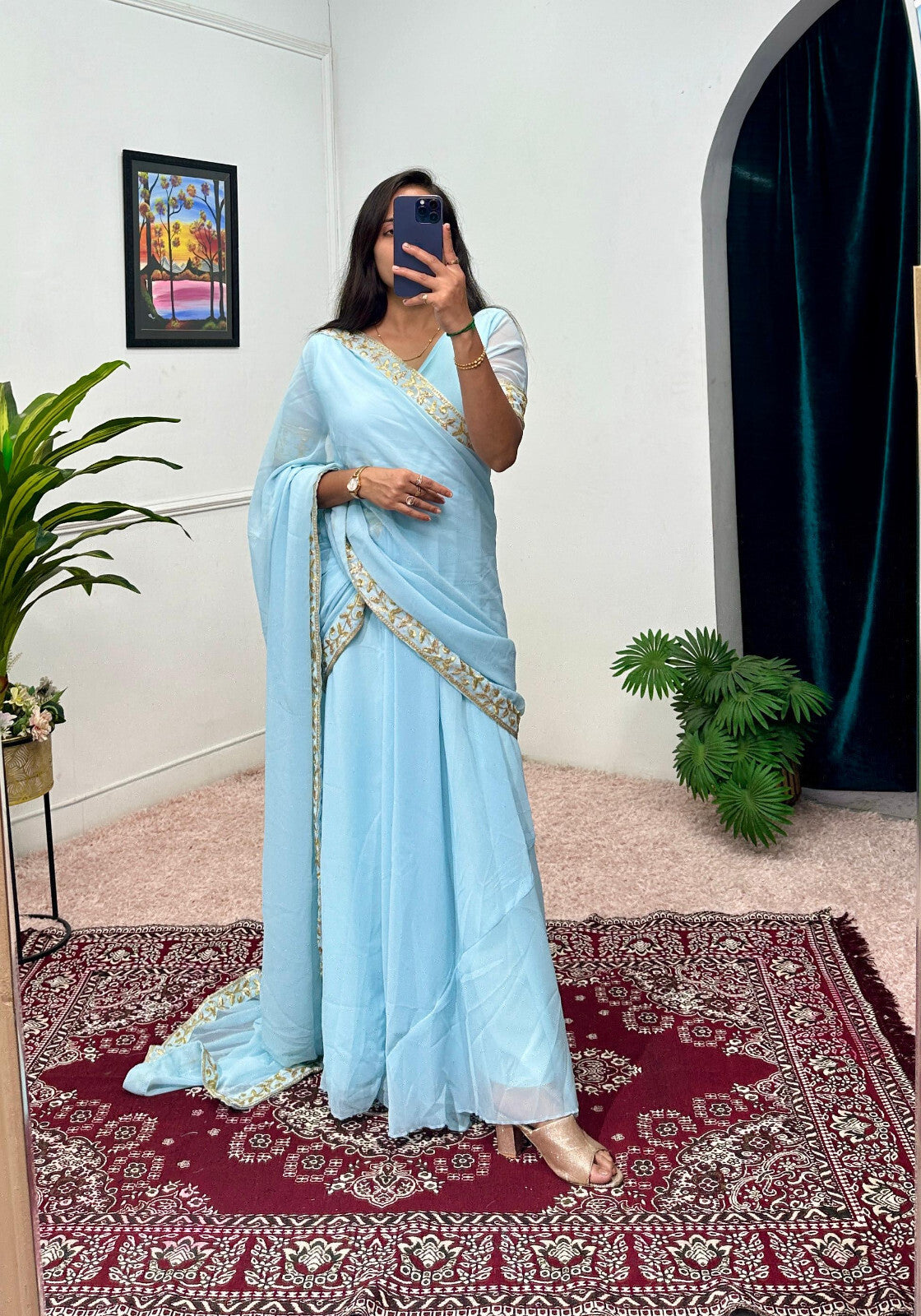 Women Stitched Georgette Saree Embroidery Work Ready to Wear Pleated S
