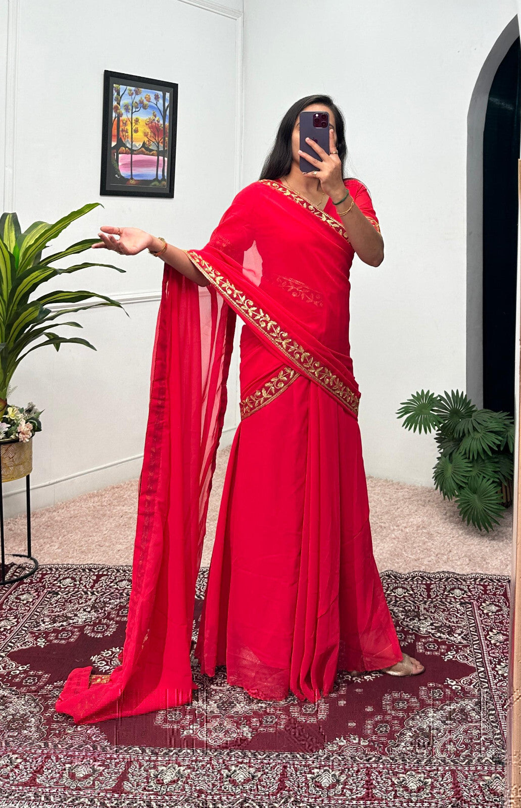 Women Stitched Georgette Saree Embroidery Work Ready to Wear Pleated S