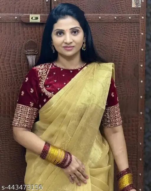 Women's solid Banarasi Tissue Saree with Running Blouse