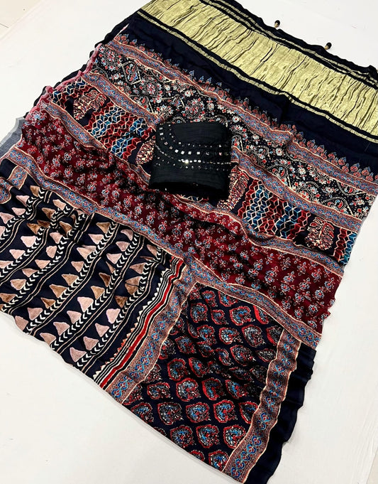 Black Ajrakh Print Viscose Gajji Lagdi Patta Saree For Women, Mirror W
